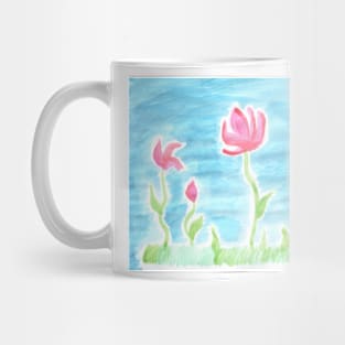 Beautiful watercolor painted pink flowers on a blue background Mug